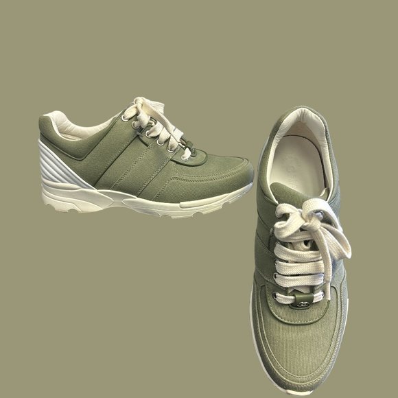 Chanel Khaki Olive Green Canvas Sneakers - Picture 2 of 6